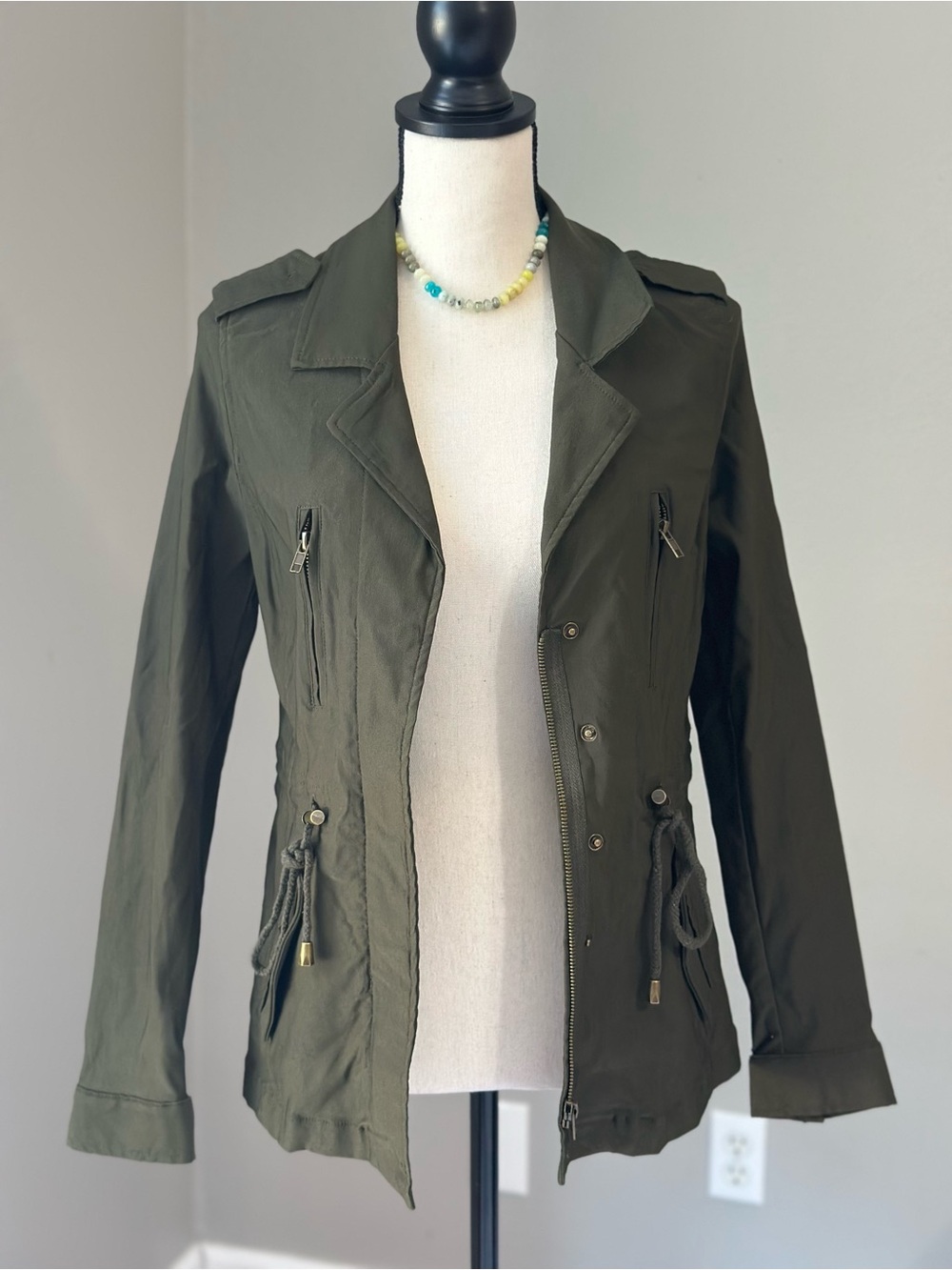 Grunge Boho Fairy Green Olive Utility Jacket with Drawstring Waist